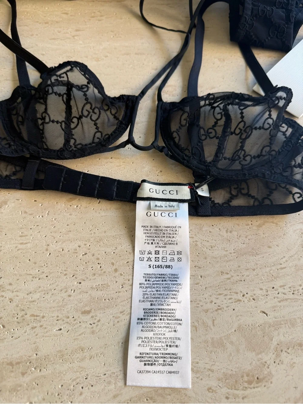 NWT Gucci  Embroidered GG Logo Black Tulle Lingerie Set Sz/ S